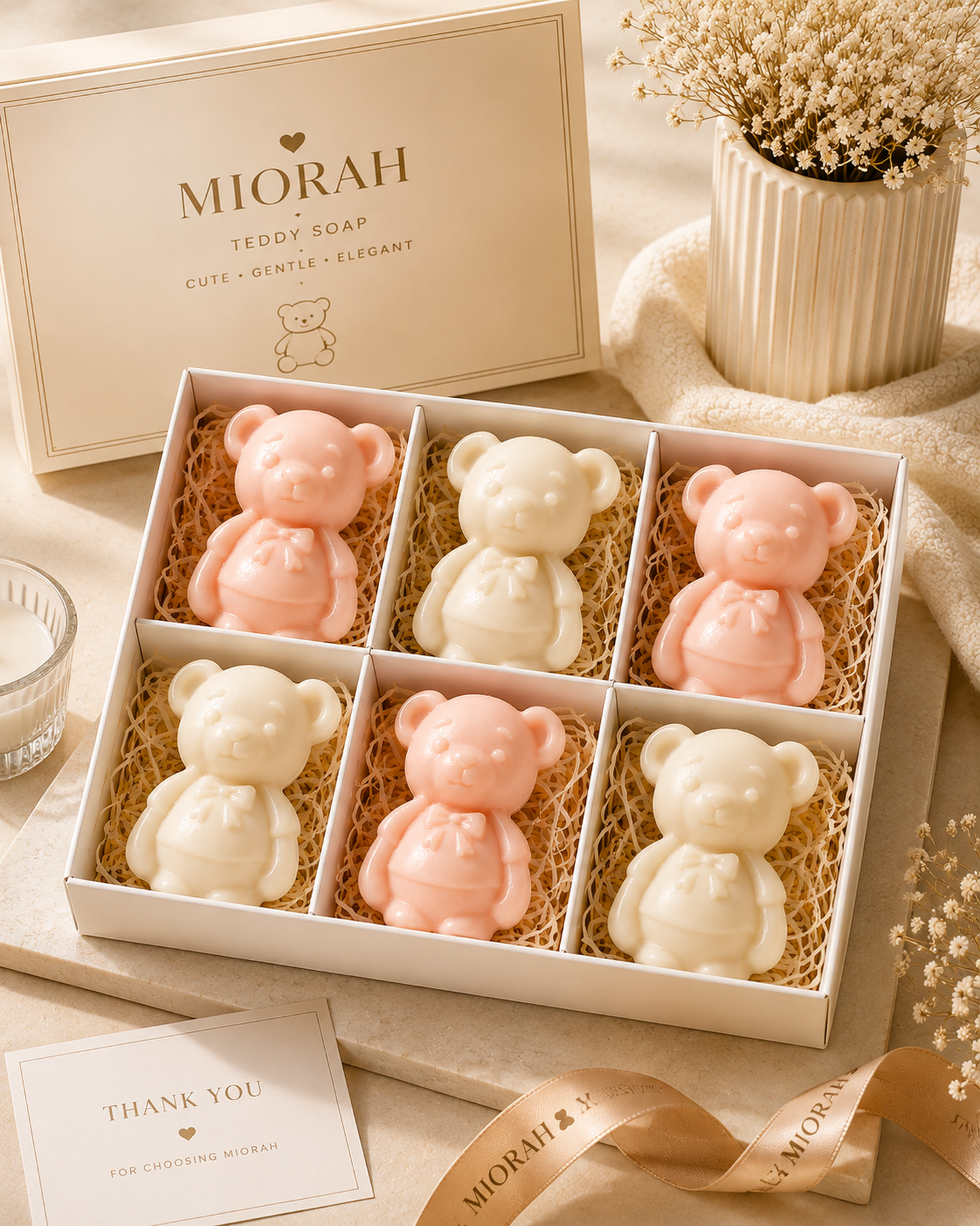MIORAH 6 Teddy Celebration Set with three blush pink and three cream white teddy soaps