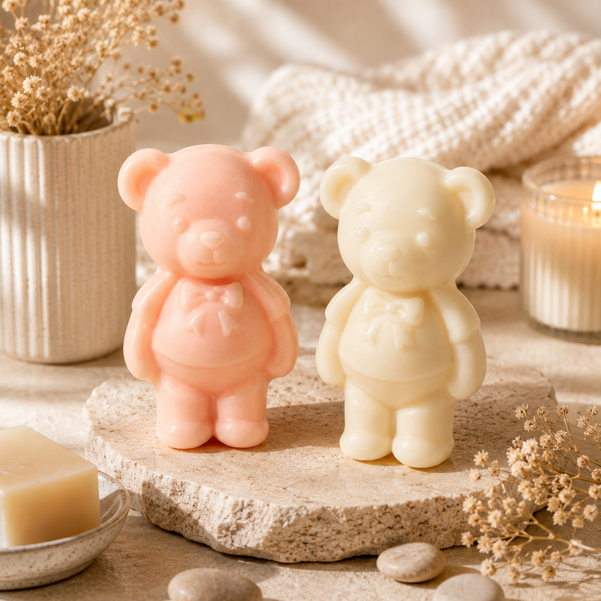 MIORAH Teddy Soap in blush pink and cream white side by side on a stone slab