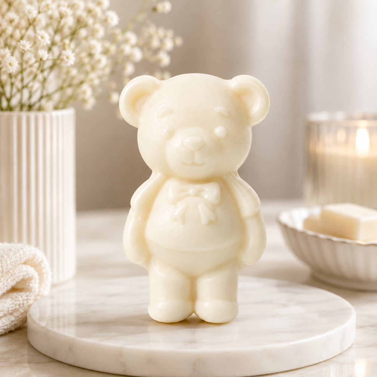 Single MIORAH Teddy Soap in cream white on a marble dish