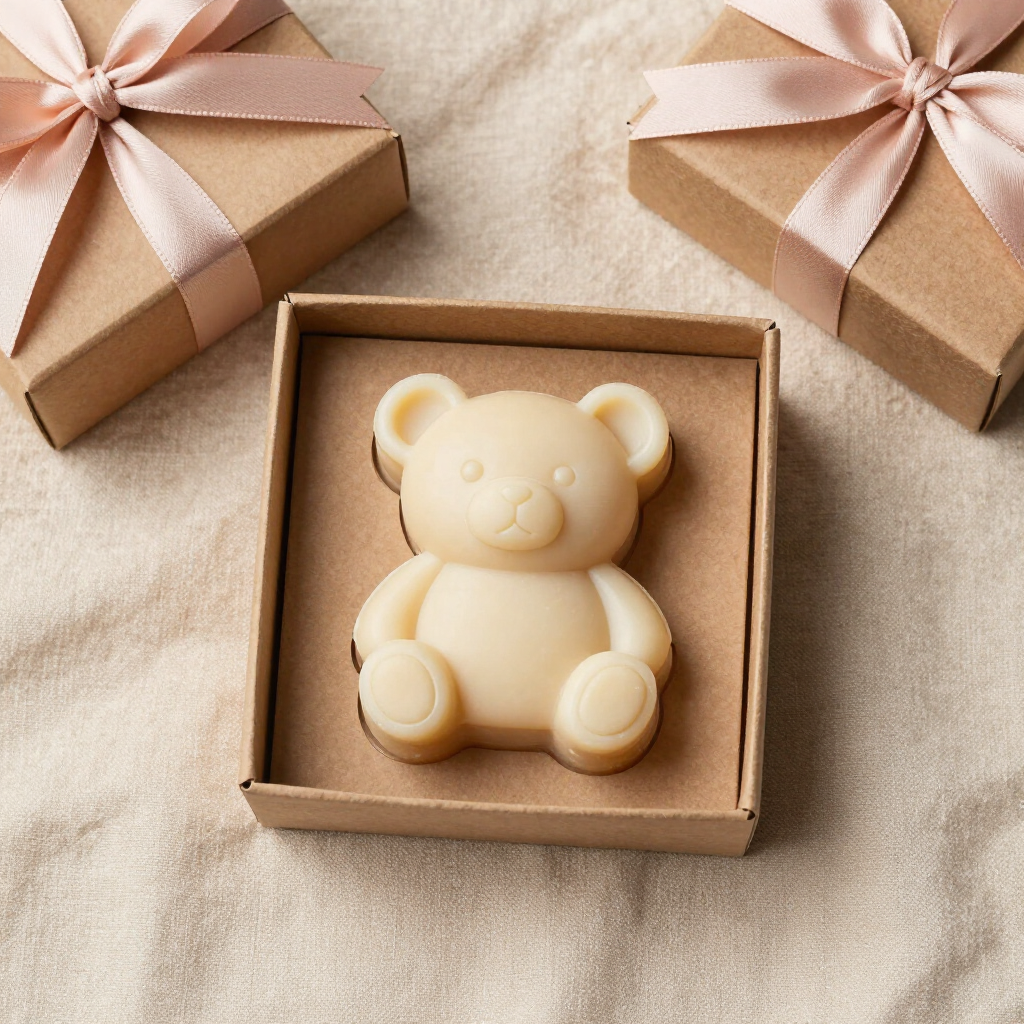 Teddy soap presented in an elegant gift box with blush ribbon