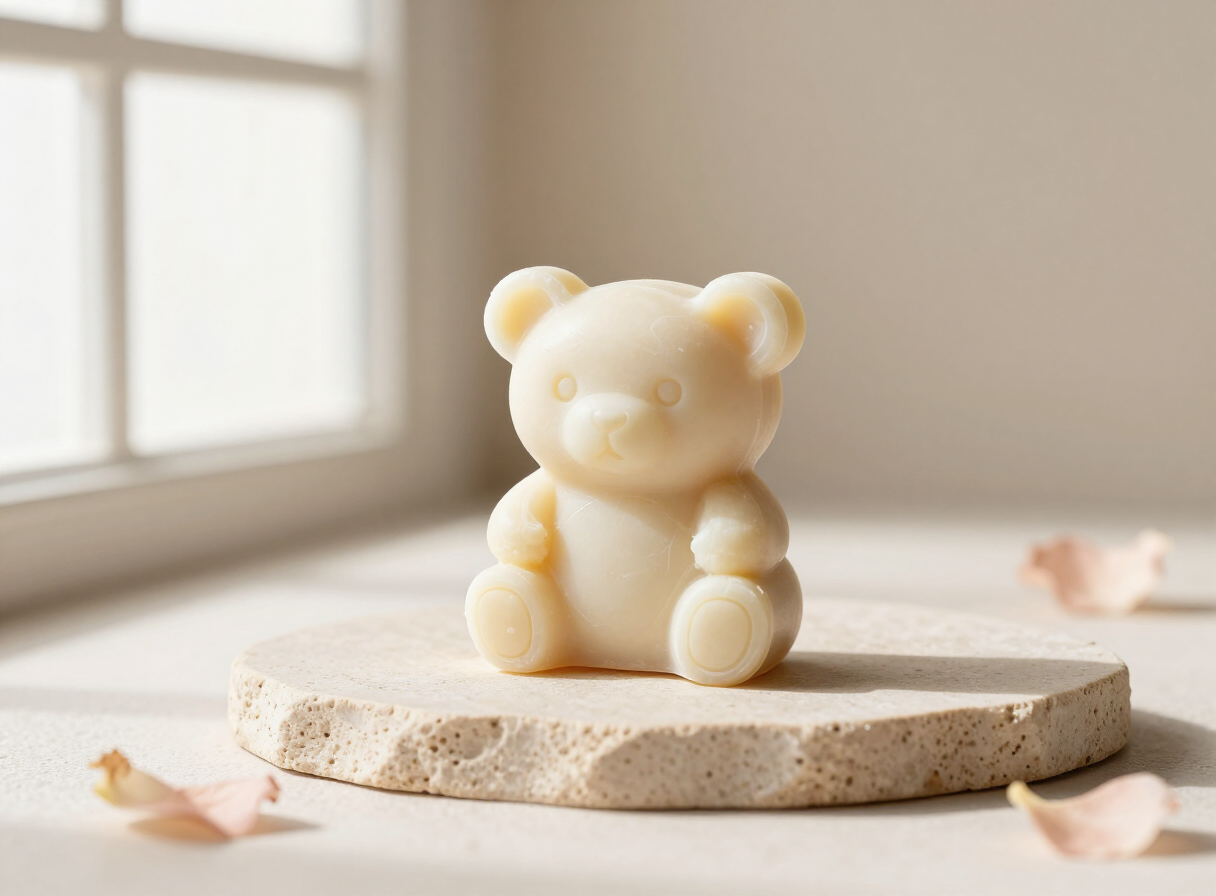 MIORAH handmade teddy-shaped soap on a soft beige stone