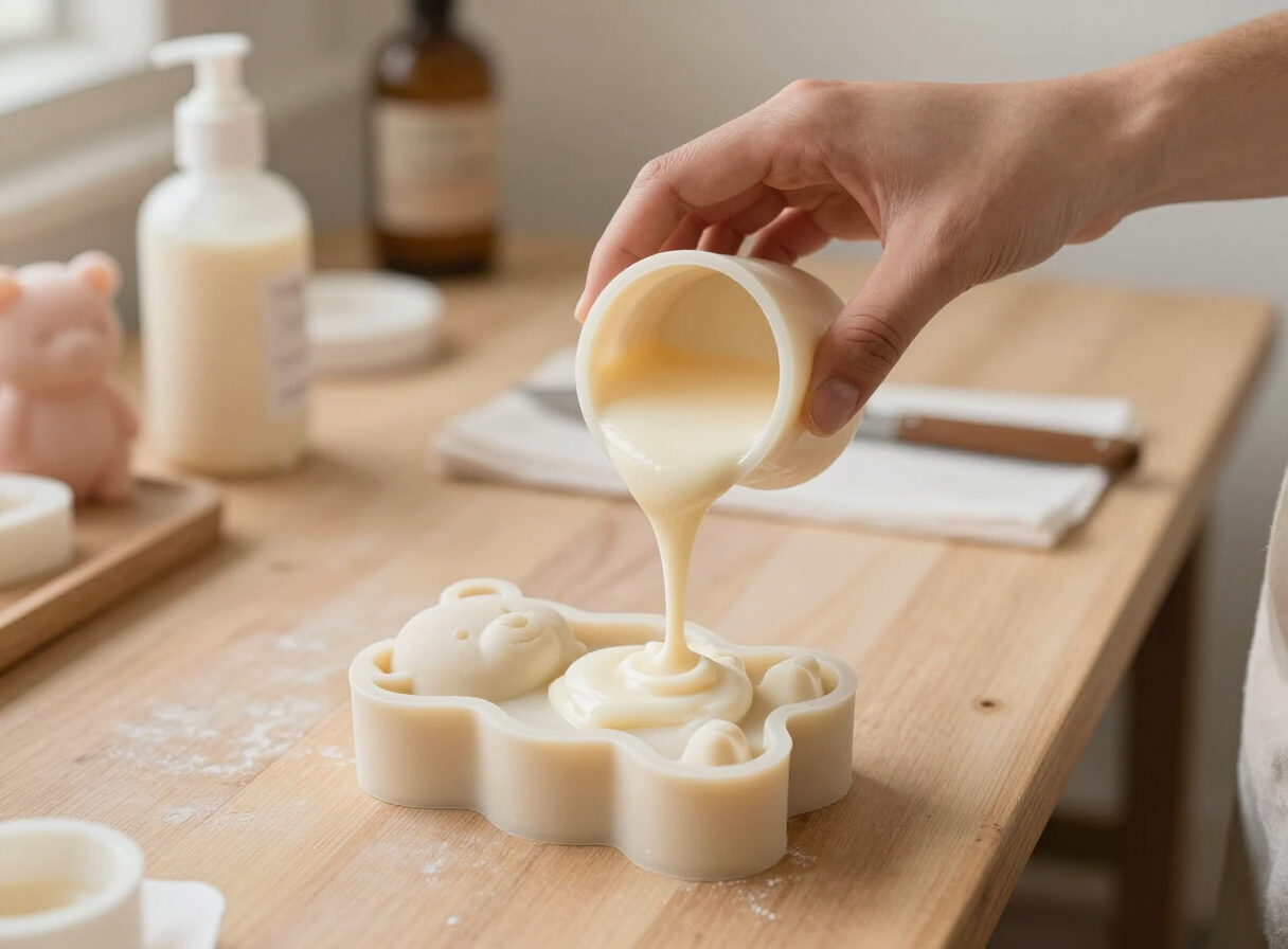 Handmade soap being poured into a teddy-shaped mould
