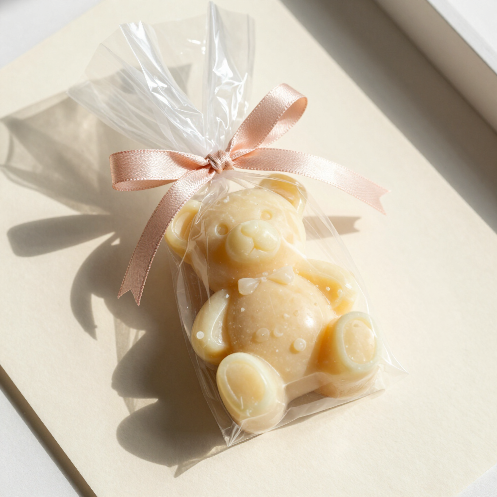 Teddy soap wrapped in glassine paper with a blush ribbon